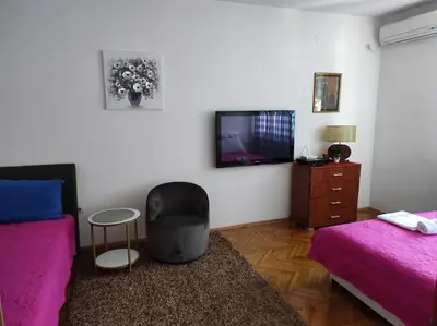 a living room with a bed and a couch and a tv at Stan u centru in Podgorica