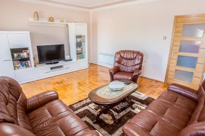 a living room with two leather chairs and a television at Luxury House Petrovic - Vranjina Skadar Lake in Podgorica