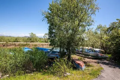 two boats are parked next to a tree at Luxury House Petrovic - Vranjina Skadar Lake in Podgorica
