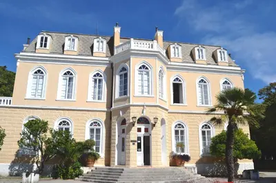 a large building with a palm tree in front of it at Apartments Atlantis in Dobra Voda