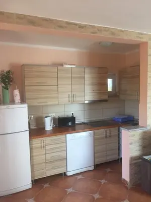 a kitchen with wooden cabinets and a white refrigerator at Garden in Bar