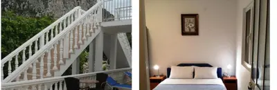 two pictures of a bedroom with a bed and stairs at Apartments Dragišić in Sveti Stefan