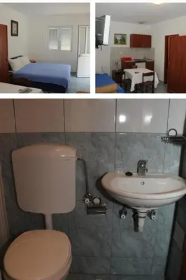two pictures of a bathroom with a toilet and a sink at Apartments Dragišić in Sveti Stefan