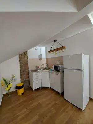 a kitchen with white cabinets and a white refrigerator at Art Apartments in Kotor