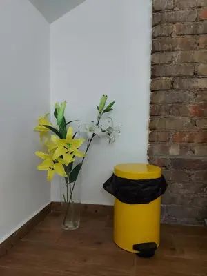 a yellow trash can and a vase with flowers at Art Apartments in Kotor