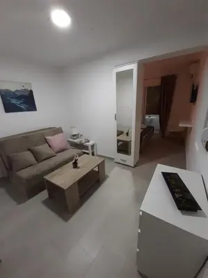 a living room with a couch and a coffee table at Apartman Danilo in Ulcinj