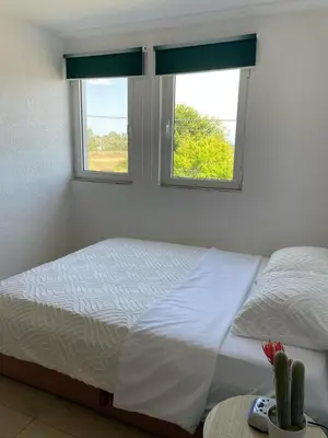 a bedroom with a bed and two windows at Liza Apartment in Ulcinj