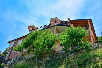 a building on a hill with trees in front of it at Lakeview Apartments Anđela in Virpazar