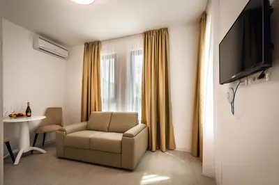 a living room with a chair and a television at Adria lux apartmens 2 in Sveti Stefan