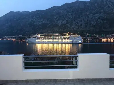 a cruise ship is docked in a harbor at House with big terrace and beautiful sea view in Kotor