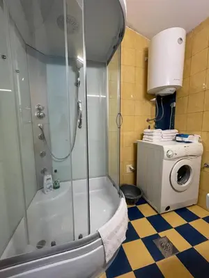a bathroom with a shower and a washing machine at House with big terrace and beautiful sea view in Kotor