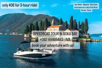a advertisement for a boat on the water at House with big terrace and beautiful sea view in Kotor