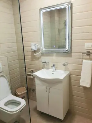 a bathroom with a toilet and a sink and a mirror at Apolon Apart in Bar, Susanj