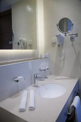 a bathroom with a sink and a mirror at Hotel Aurel in Podgorica