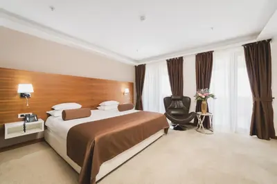 a hotel room with a bed and a chair at Hotel Aurel in Podgorica