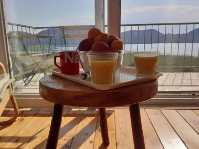 a table with a plate of eggs and two cups of coffee at Skadar lake house Bobija in Podgorica