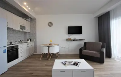 a kitchen and living room with a couch and a table at Rafailovici Studio Vita in Rafailovici