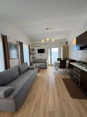a living room with a gray couch and a kitchen at Apartments Villa Marija in Petrovac na Moru