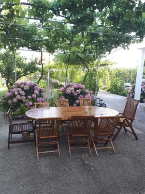 a wooden table and chairs with a table and flowers at Lavender Vacation Home, Bar in Bar