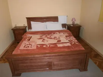 a bedroom with a large bed with a wooden headboard at Vila Patria in Podgorica