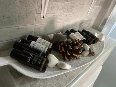 a shelf with wine bottles and rocks and a pine cone at Apart 31 in Cetinje