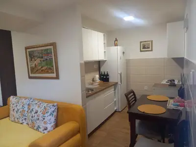 a kitchen and a living room with a couch and a table at T&A Apartment in Rijeka Crnojevića