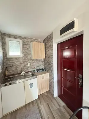 a kitchen with a sink and a red door at Saša Apartments in Sutomore