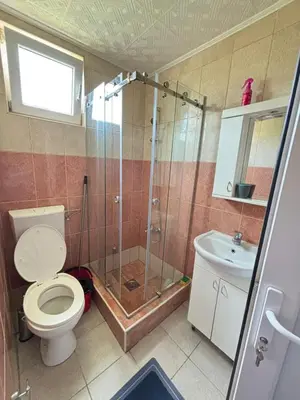 a bathroom with a shower and a toilet and a sink at Saša Apartments in Sutomore