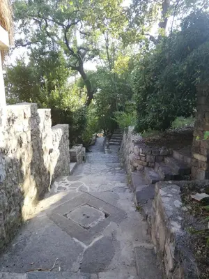 a stone path with a stone wall and trees at Luna apartment in Petrovac na Moru