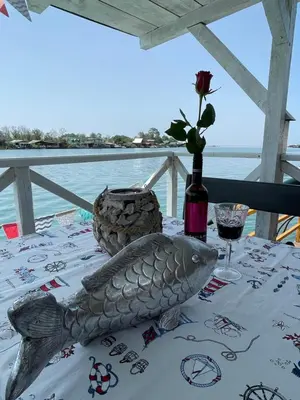 a table with a fish statue on top of it at Stella Marina in Pržno