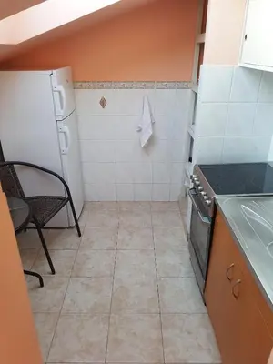 a small kitchen with a stove and a refrigerator at Apartment Danijela in Budva