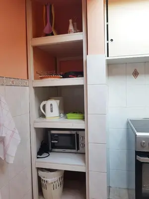 a small kitchen with a microwave in a cabinet at Apartment Danijela in Budva