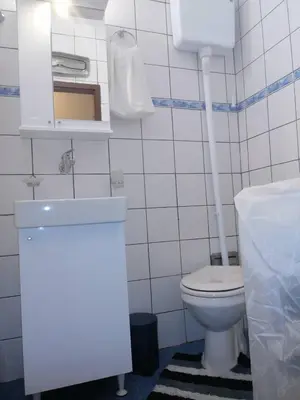 a white bathroom with a toilet and a sink at Yellow apartment, central Podgorica in Podgorica