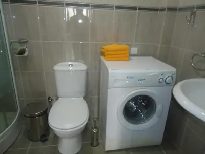 a bathroom with a toilet and a washing machine at Apartments Villa Petranović in Budva
