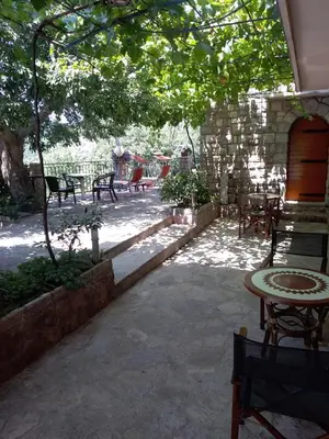 a patio with a table and chairs under a tree at Apartments Villa Čučuk in Budva