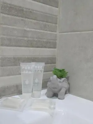 a tube of pure one hair gel sitting next to a plant at Apartments Mediteran in Ulcinj
