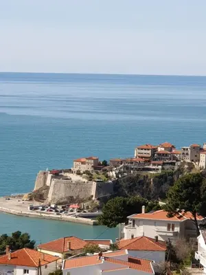 an aerial view of a town next to the ocean at Apartments Mediteran in Ulcinj
