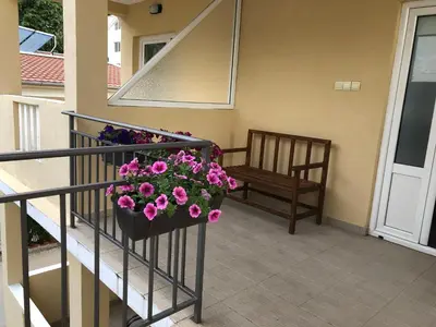 a balcony with a pot of flowers and a bench at Villa Rihter in Budva