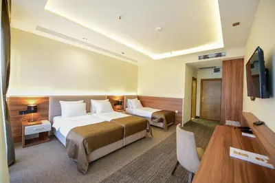 a hotel room with two beds and a television at Hotel Lazaro in Podgorica