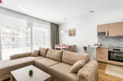 a living room with a brown couch and a kitchen at Apartments LM RESIDENCE in Rafailovici