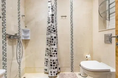 a bathroom with a shower and a toilet at Apartments LM RESIDENCE in Rafailovici