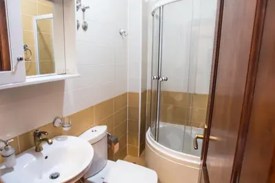 a bathroom with a toilet and a sink and a shower at Villa Elkom, Appartment 7 in Donji Štoj