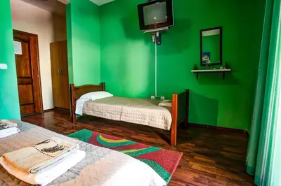 a green room with two beds and a tv at Villa Elkom, App.11 in Donji Štoj