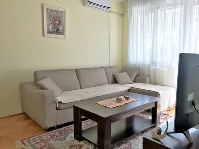 a living room with a couch and a coffee table at SunFlat Podgorica - Novakovic Residence in Podgorica