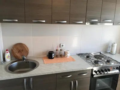 a kitchen counter with a sink and a stove at SunFlat Podgorica - Novakovic Residence in Podgorica