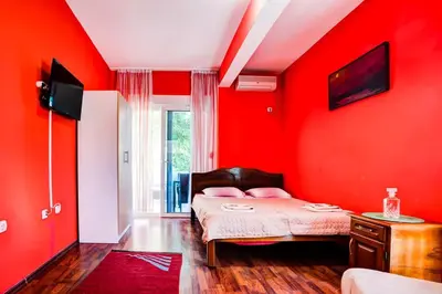 a bedroom with red walls and a bed with pink pillows at Villa Elkom, App.3 in Ulcinj