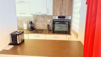 a kitchen with a counter top with a microwave at Apartments Nancy in Kotor