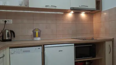 a kitchen with a counter top and a microwave at Apartments Nancy in Kotor