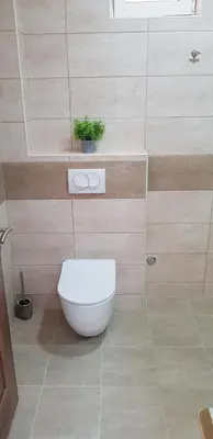 a bathroom with a toilet and a plant on the wall at Apartments Nancy in Kotor