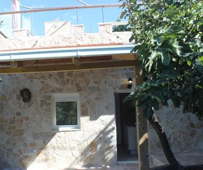 a stone house with a door and a tree at STUDIO Carpe Diem in Utjeha